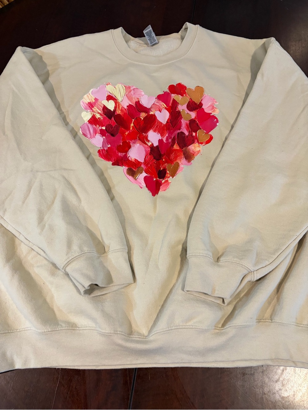Gildan Cream Crewneck with Red, Pink & Gold Heart Design